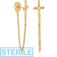 STERILE GOLD PVD COATED SURGICAL STEEL JEWELLED EAR STUDS PAIR