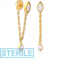 STERILE GOLD PVD COATED SURGICAL STEEL JEWELLED EAR STUDS PAIR