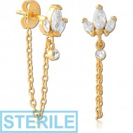 STERILE GOLD PVD COATED SURGICAL STEEL JEWELLED EAR STUDS PAIR