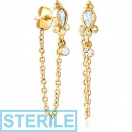 STERILE GOLD PVD COATED SURGICAL STEEL JEWELLED EAR STUDS PAIR