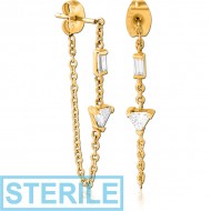 STERILE GOLD PVD COATED SURGICAL STEEL JEWELLED EAR STUDS PAIR