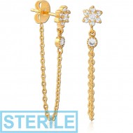 STERILE GOLD PVD COATED SURGICAL STEEL JEWELLED EAR STUDS PAIR
