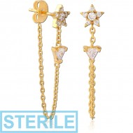 STERILE GOLD PVD COATED SURGICAL STEEL JEWELLED EAR STUDS PAIR