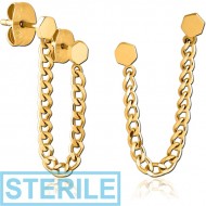 STERILE GOLD PVD COATED SURGICAL STEEL EAR STUDS WITH CHAIN