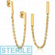 STERILE GOLD PVD COATED SURGICAL STEEL EAR STUDS WITH CHAIN
