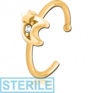 STERILE GOLD PVD COATED SURGICAL STEEL JEWELLED OPEN NOSE RING - CRESCENT AND STAR