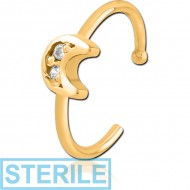 STERILE GOLD PVD COATED SURGICAL STEEL JEWELLED OPEN NOSE RING - CRESCENT PRONGS