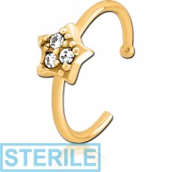 STERILE GOLD PVD COATED SURGICAL STEEL JEWELLED OPEN NOSE RING - STAR PRONGS