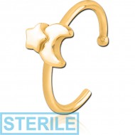 STERILE GOLD PVD COATED SURGICAL STEEL OPEN NOSE RING - CRESCENT AND STAR