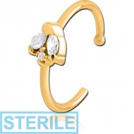 STERILE GOLD PVD COATED SURGICAL STEEL JEWELLED OPEN NOSE RING