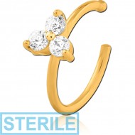 STERILE GOLD PVD COATED SURGICAL STEEL JEWELLED OPEN NOSE RING