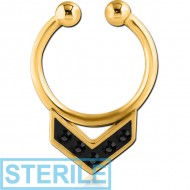 STERILE GOLD PVD COATED SURGICAL STEEL HIGH END CRYSTALINE JEWELLED FAKE SEPTUM RING - V
