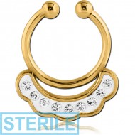 STERILE GOLD PVD COATED SURGICAL STEEL CRYSTALINE JEWELLED FAKE SEPTUM RING - WAVE