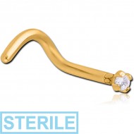 STERILE GOLD PVD COATED SURGICAL STEEL CURVED PRONG SET 1.5MM JEWELLED NOSE STUD PIERCING
