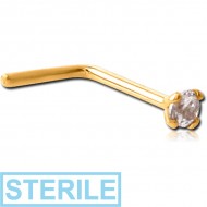 STERILE GOLD PVD COATED SURGICAL STEEL 90 DEGREE PRONG SET 2 MM JEWELLED NOSE STUD