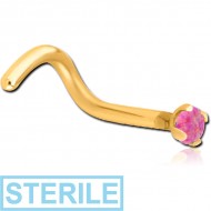 STERILE GOLD PVD COATED SURGICAL STEEL CURVED PRONG SET 2MM JEWELLED NOSE STUD WITH SYNTHETIC OPAL