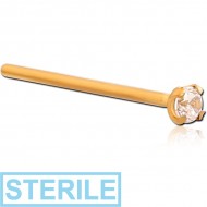 STERILE GOLD PVD COATED SURGICAL STEEL STRAIGHT PRONG SET 2MM JEWELLED NOSE STUD 15MM