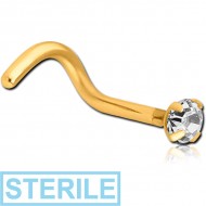 STERILE GOLD PVD COATED SURGICAL STEEL CURVED PRONG SET 2.5MM JEWELLED NOSE STUD PIERCING