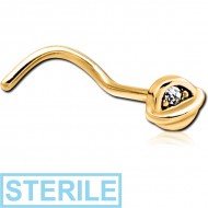 STERILE GOLD PVD COATED SURGICAL STEEL CURVED JEWELLED NOSE STUD