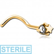 STERILE GOLD PVD COATED SURGICAL STEEL CURVED JEWELLED NOSE STUD