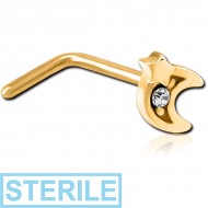 STERILE GOLD PVD COATED SURGICAL STEEL 90 DEGREE JEWELLED NOSE STUD - CRESCENT AND STAR