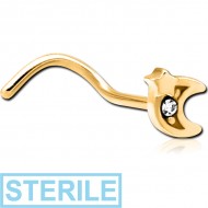 STERILE GOLD PVD COATED SURGICAL STEEL CURVED JEWELLED NOSE STUD - CRESCENT AND STAR