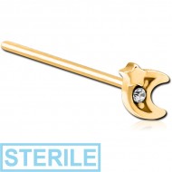 STERILE GOLD PVD COATED SURGICAL STEEL STRAIGHT JEWELLED NOSE STUD - CRESCENT AND STAR
