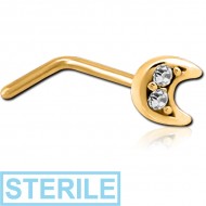 STERILE GOLD PVD COATED SURGICAL STEEL 90 DEGREE JEWELLED NOSE STUD - CRESCENT