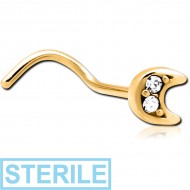 STERILE GOLD PVD COATED SURGICAL STEEL CURVED JEWELLED NOSE STUD - CRESCENT