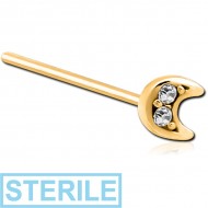 STERILE GOLD PVD COATED SURGICAL STEEL STRAIGHT JEWELLED NOSE STUD - CRESCENT