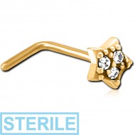 STERILE GOLD PVD COATED SURGICAL STEEL 90 DEGREE JEWELLED NOSE STUD - STAR