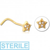STERILE GOLD PVD COATED SURGICAL STEEL CURVED JEWELLED NOSE STUD - STAR