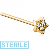 STERILE GOLD PVD COATED SURGICAL STEEL STRAIGHT JEWELLED NOSE STUD - STAR