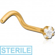 STERILE GOLD PVD SURGICAL STEEL CURVED PRONG SET STAR JEWELLED NOSE STUD