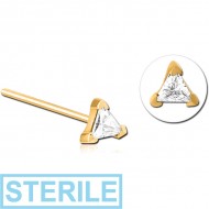 STERILE GOLD PVD COATED SURGICAL STEEL STRAIGHT JEWELLED NOSE STUD - TRIANGLE