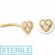 STERILE GOLD PVD COATED SURGICAL STEEL 90 DEGREE JEWELLED NOSE STUD - HEART