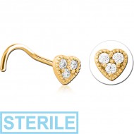 STERILE GOLD PVD COATED SURGICAL STEEL CURVED JEWELLED NOSE STUD - HEART