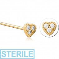 STERILE GOLD PVD COATED SURGICAL STEEL STRAIGHT JEWELLED NOSE STUD - HEART
