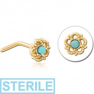 STERILE GOLD PVD COATED SURGICAL STEEL 90 DEGREE JEWELLED NOSE STUD - FLOWER