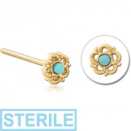 STERILE GOLD PVD COATED SURGICAL STEEL STRAIGHT JEWELLED NOSE STUD - FLOWER