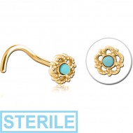 STERILE GOLD PVD COATED SURGICAL STEEL CURVED JEWELLED NOSE STUD - FLOWER
