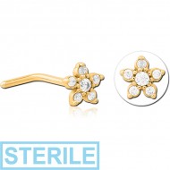 STERILE GOLD PVD COATED SURGICAL STEEL 90 DEGREE JEWELLED NOSE STUD -FLOWER