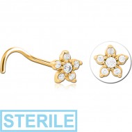 STERILE GOLD PVD COATED SURGICAL STEEL CURVED JEWELLED NOSE STUD - FLOWER