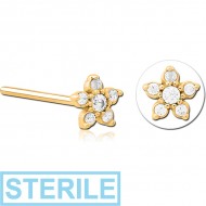 STERILE GOLD PVD COATED SURGICAL STEEL STRAIGHT JEWELLED NOSE STUD - FLOWER