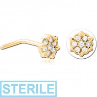 STERILE GOLD PVD COATED SURGICAL STEEL 90 DEGREE JEWELLED NOSE STUD - FLOWER