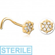 STERILE GOLD PVD COATED SURGICAL STEEL CURVED JEWELLED NOSE STUD - FLOWER