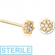 STERILE GOLD PVD COATED SURGICAL STEEL STRAIGHT JEWELLED NOSE STUD - FLOWER