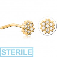 STERILE GOLD PVD COATED SURGICAL STEEL 90 DEGREE JEWELLED NOSE STUD - FLOWER