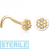 STERILE GOLD PVD COATED SURGICAL STEEL CURVED JEWELLED NOSE STUD - FLOWER