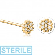 STERILE GOLD PVD COATED SURGICAL STEEL STRAIGHT JEWELLED NOSE STUD - FLOWER
